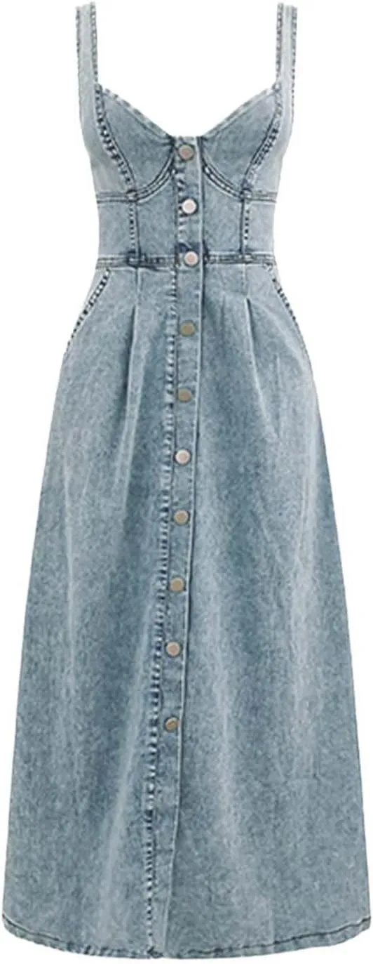 Women's Adjustable Strap Midi Long Denim Dress 2025 Button Down A-Line Swing Flowy Jean Dress
