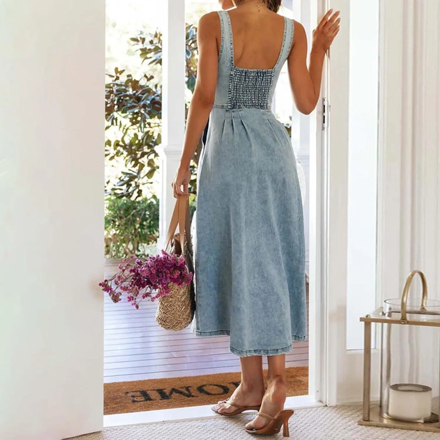 Women's Adjustable Strap Midi Long Denim Dress 2025 Button Down A-Line Swing Flowy Jean Dress