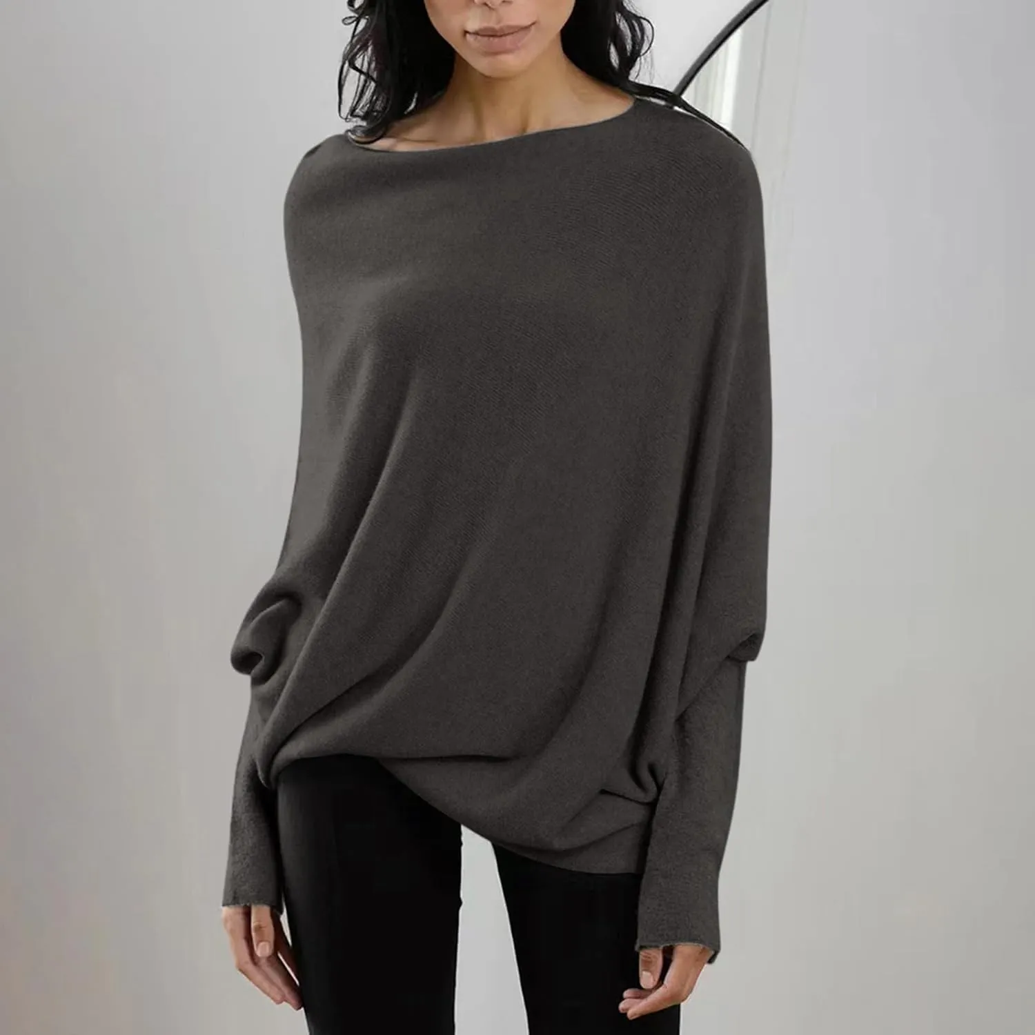 Womens Asymmetric Draped Jumper Long Batwing Sleeve Boat Neck Off The Shoulder Tunic Knit Winter Pullover Sweaters