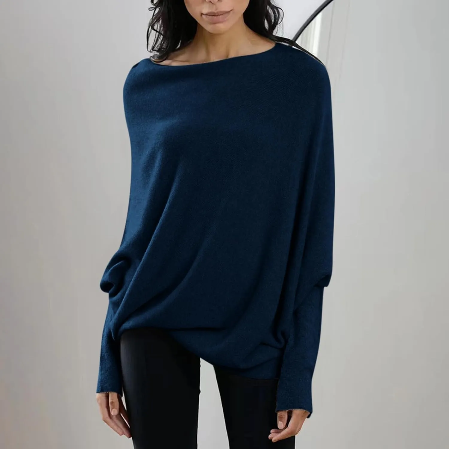 Womens Asymmetric Draped Jumper Long Batwing Sleeve Boat Neck Off The Shoulder Tunic Knit Winter Pullover Sweaters