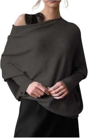 Womens Asymmetric Draped Jumper Long Batwing Sleeve Boat Neck Off The Shoulder Tunic Knit Winter Pullover Sweaters