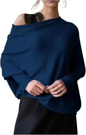Womens Asymmetric Draped Jumper Long Batwing Sleeve Boat Neck Off The Shoulder Tunic Knit Winter Pullover Sweaters