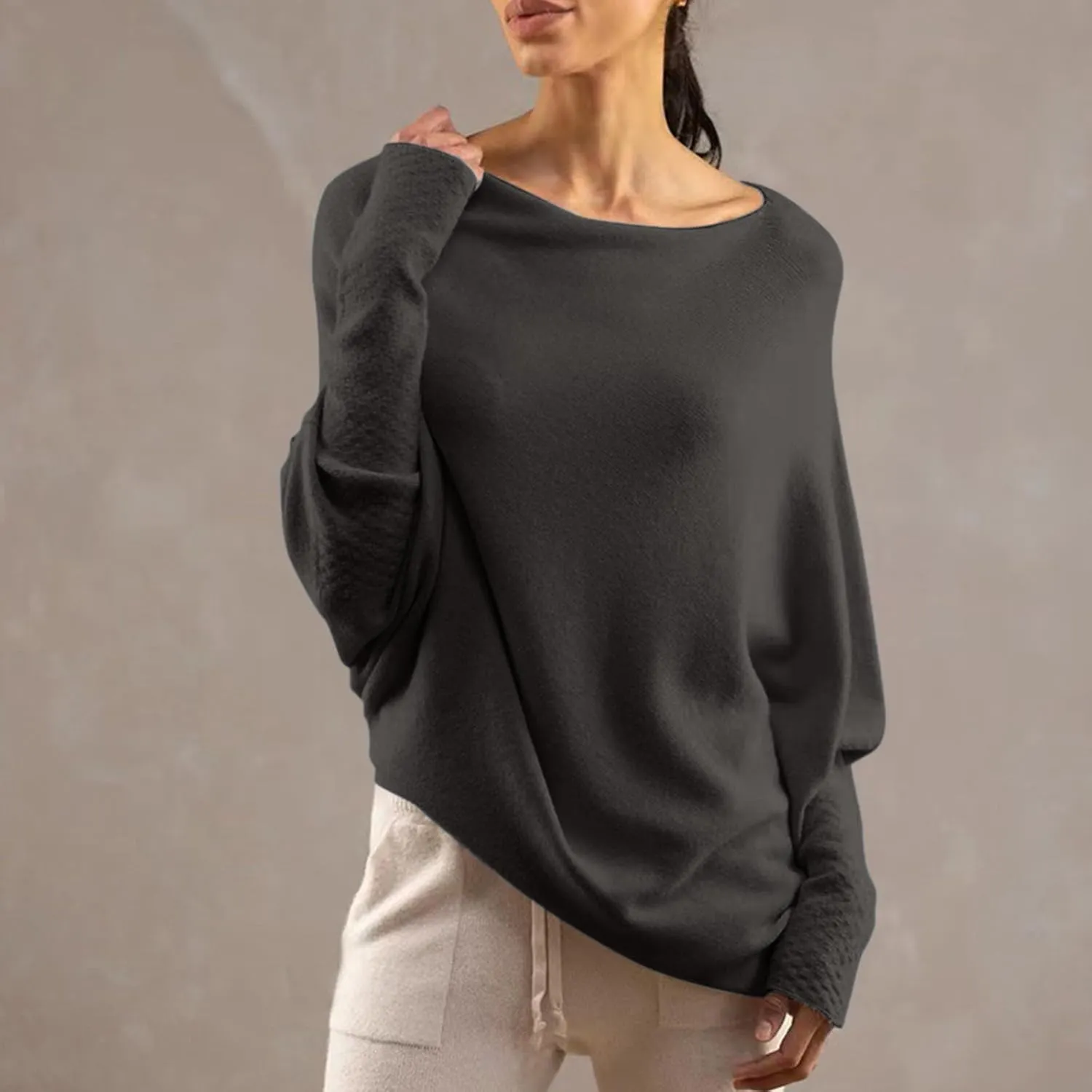 Womens Asymmetric Draped Jumper Long Batwing Sleeve Boat Neck Off The Shoulder Tunic Knit Winter Pullover Sweaters