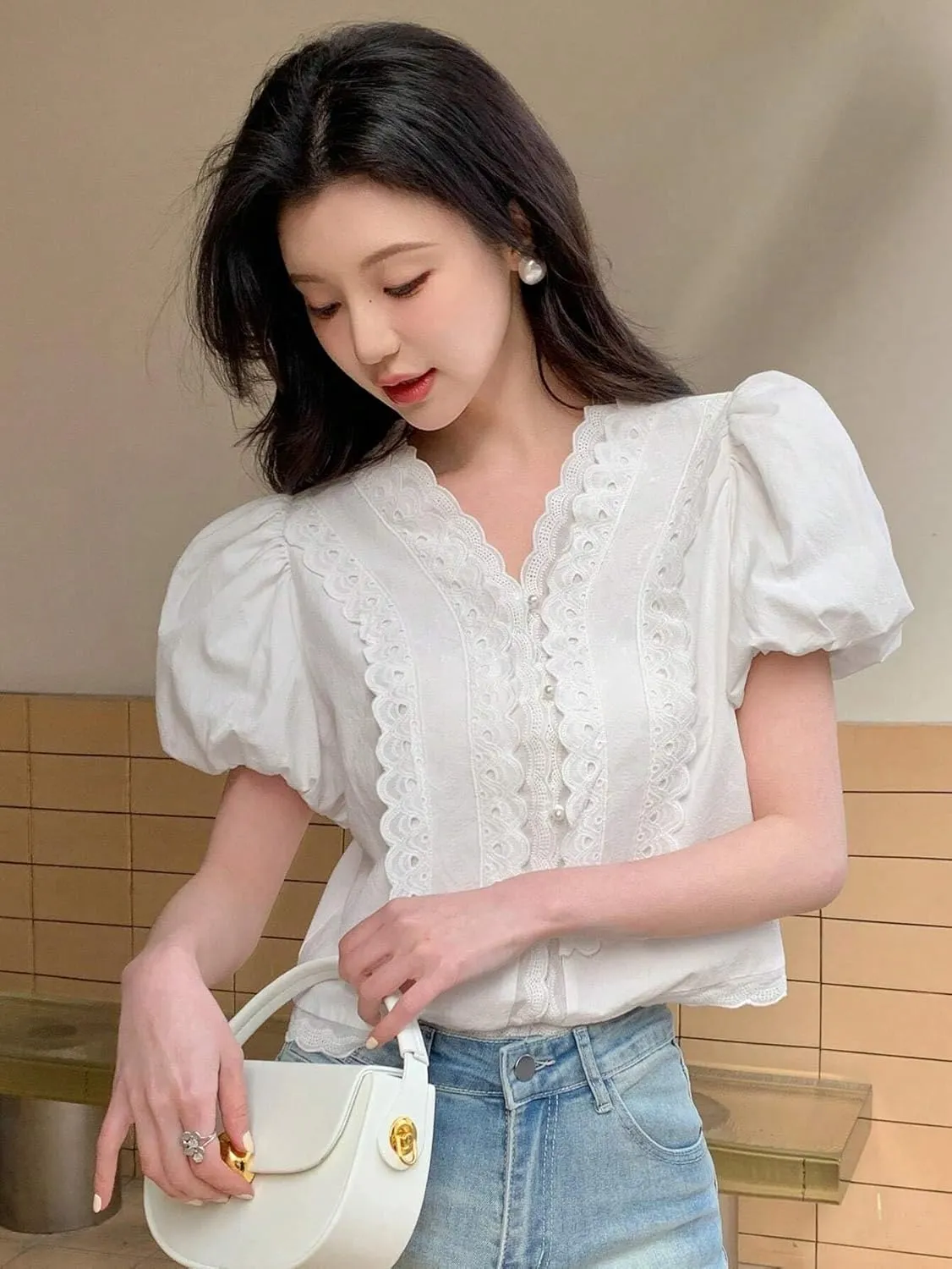 Women's Blouses Shirts Lace Spliced Puff Sleeve Blouse Tops Trendy Tshirts Tops