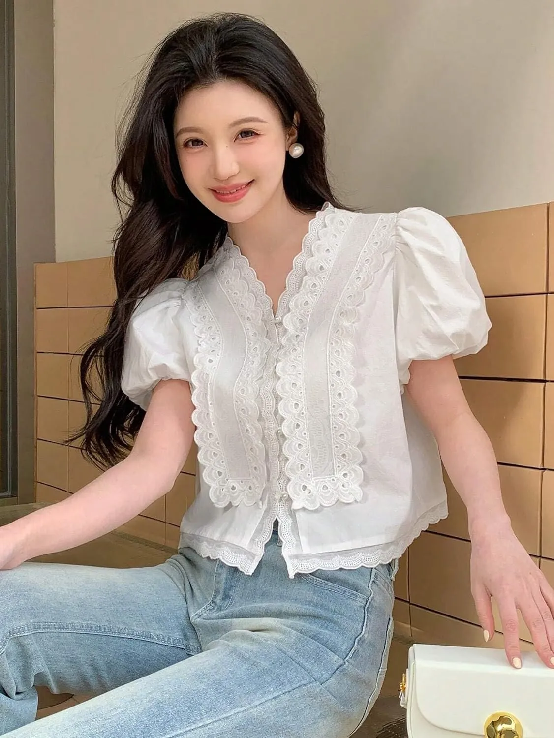 Women's Blouses Shirts Lace Spliced Puff Sleeve Blouse Tops Trendy Tshirts Tops