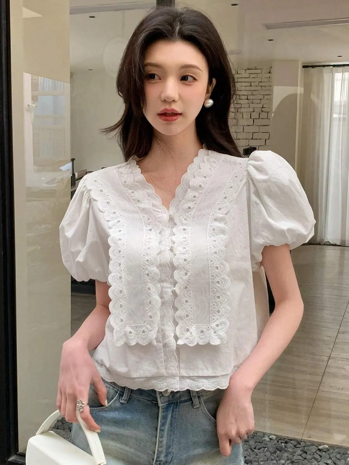 Women's Blouses Shirts Lace Spliced Puff Sleeve Blouse Tops Trendy Tshirts Tops