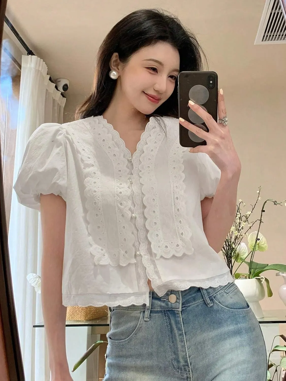 Women's Blouses Shirts Lace Spliced Puff Sleeve Blouse Tops Trendy Tshirts Tops