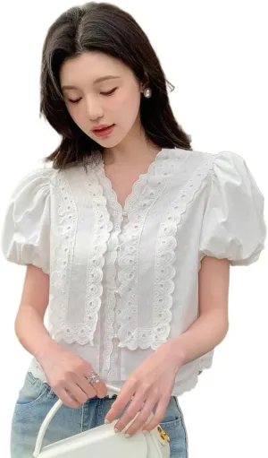 Women's Blouses Shirts Lace Spliced Puff Sleeve Blouse Tops Trendy Tshirts Tops