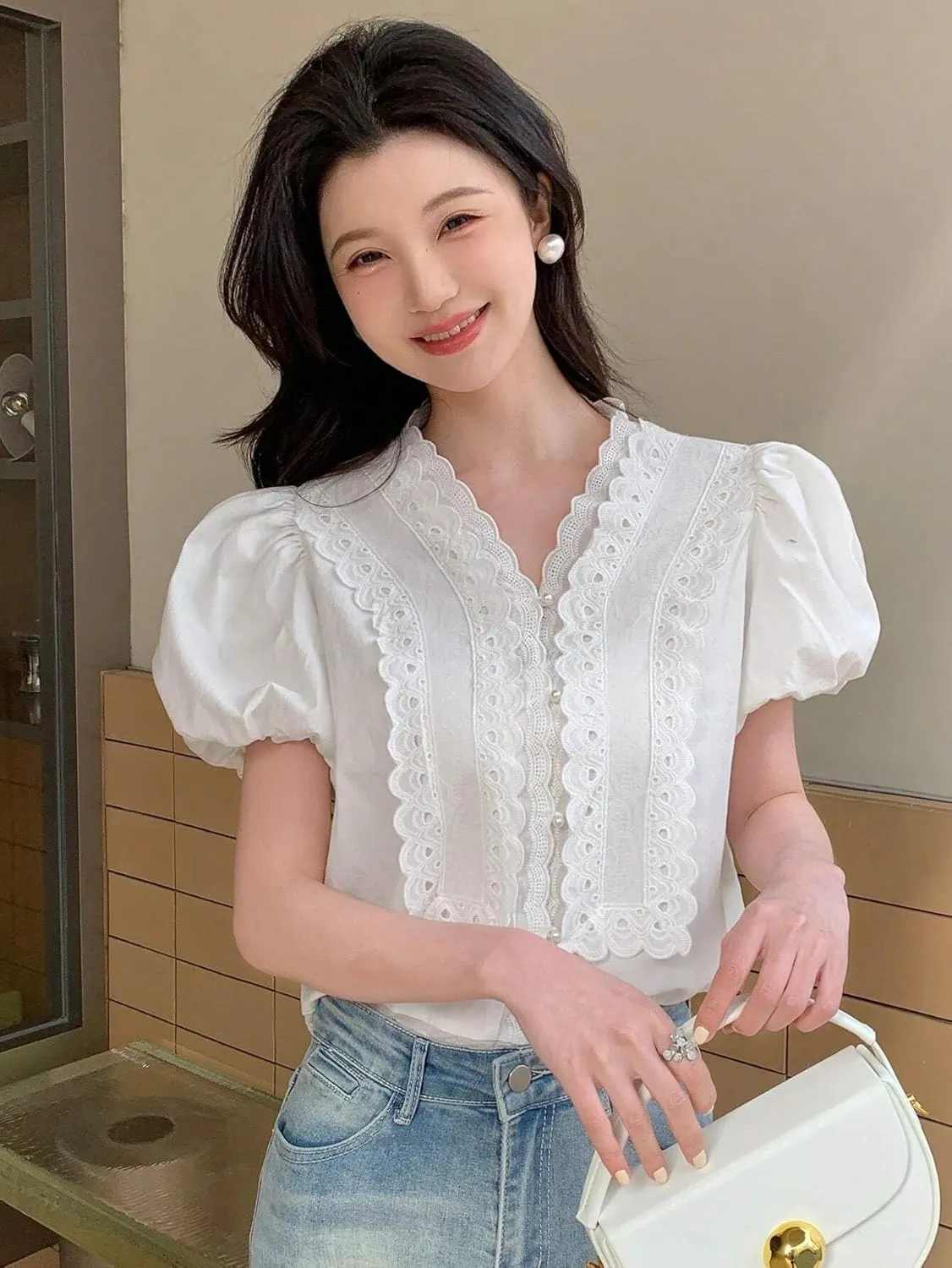 Women's Blouses Shirts Lace Spliced Puff Sleeve Blouse Tops Trendy Tshirts Tops