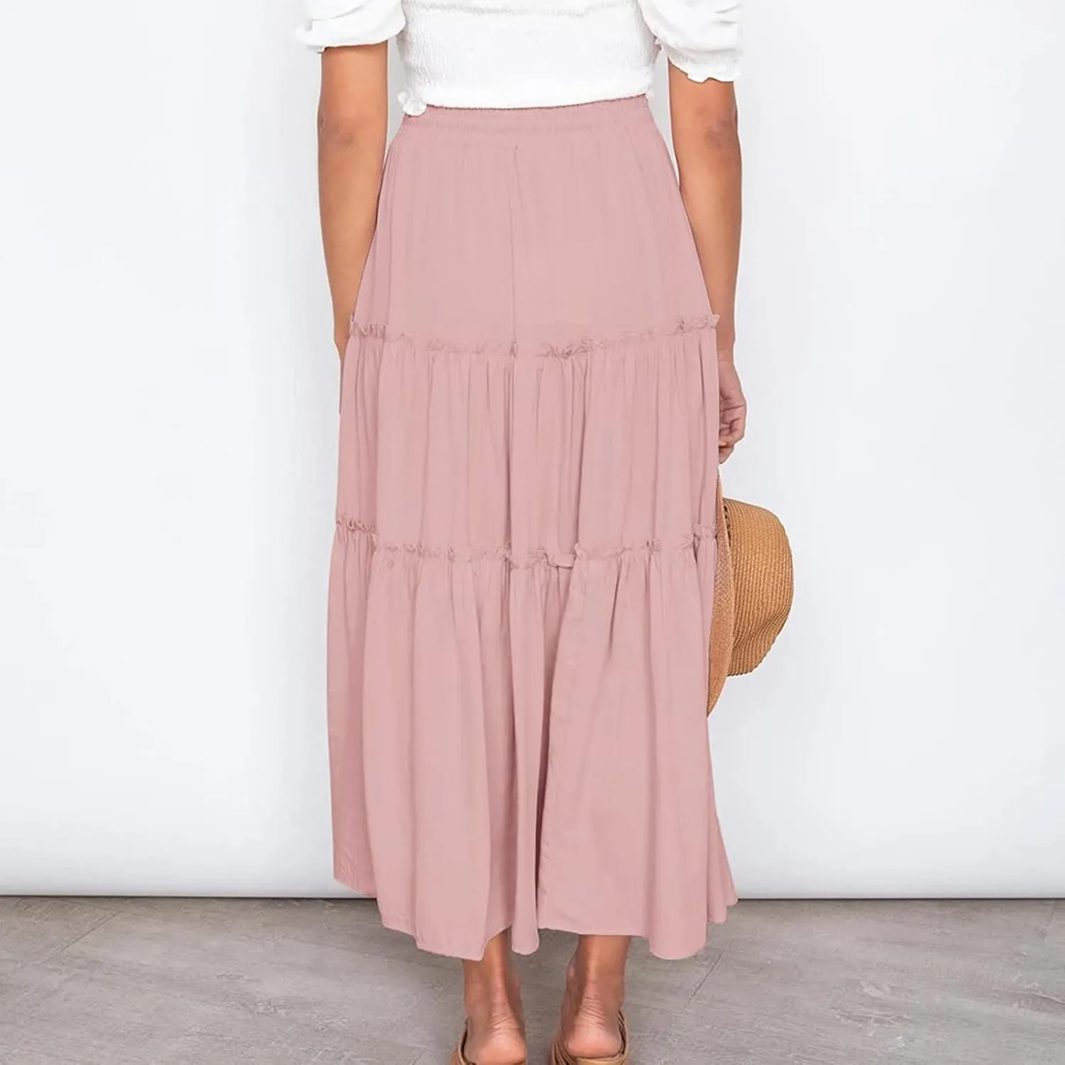 Women's Boho Long Skirts Summer Casual Ruffle Tiered Swing Beach Dress Drawstring Elastic Waist A-Line Maxi Skirt