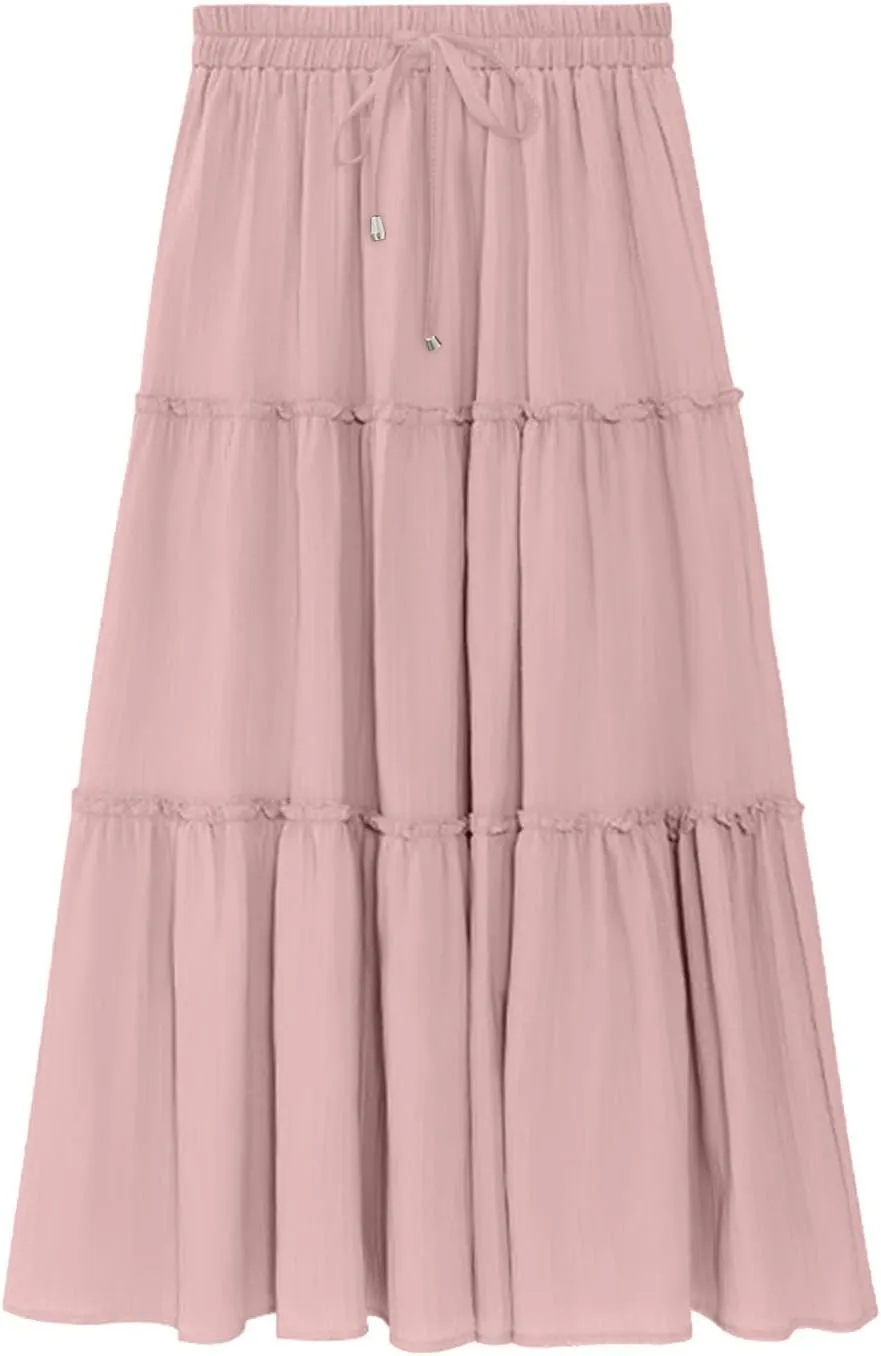 Women's Boho Long Skirts Summer Casual Ruffle Tiered Swing Beach Dress Drawstring Elastic Waist A-Line Maxi Skirt