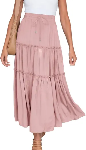 Women's Boho Long Skirts Summer Casual Ruffle Tiered Swing Beach Dress Drawstring Elastic Waist A-Line Maxi Skirt