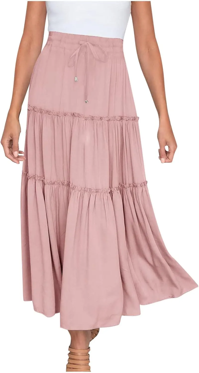 Women's Boho Long Skirts Summer Casual Ruffle Tiered Swing Beach Dress Drawstring Elastic Waist A-Line Maxi Skirt