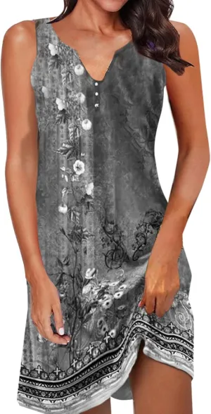 Women's Boho Midi Dress 2024 Summer Casual Sleeveless Button V Neck Trendy Dress Plus Size Floral Sexy Party Dress