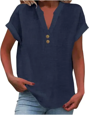 Womens Button Down Shirt V-Neck Long Sleeve Linen Summer Casual Trendy Blouse Tops Loose Tee Tops