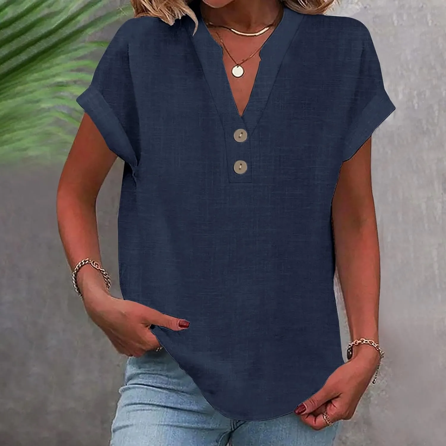 Womens Button Down Shirt V-Neck Long Sleeve Linen Summer Casual Trendy Blouse Tops Loose Tee Tops