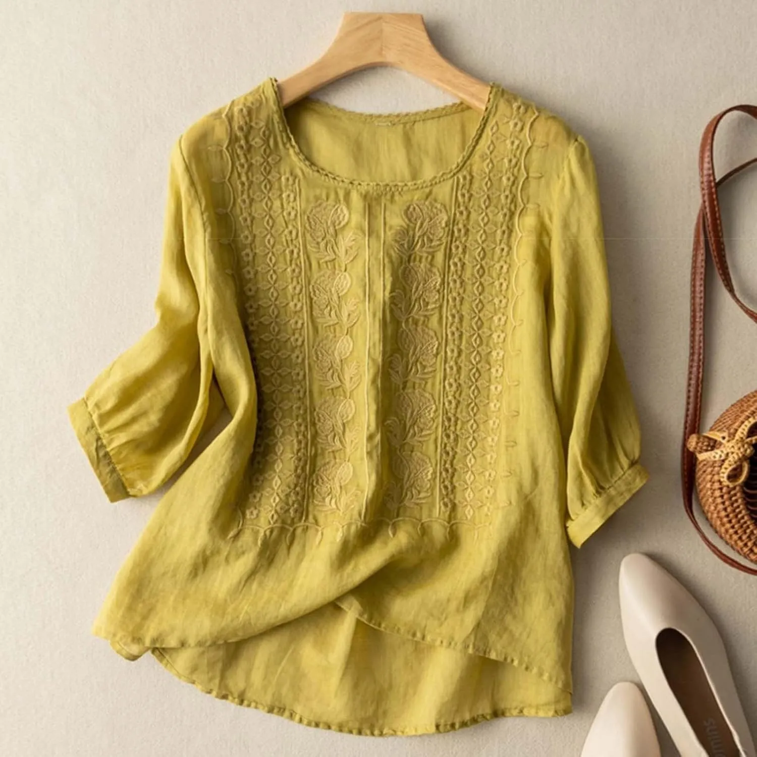 Women's Button Shirts Linen Roll up Sleeve V-Neck Trendy Shirt Casual Loose Fit Business Work Blouses Tops