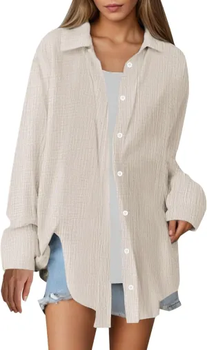 Womens Casual Fashion Solid Color Shirt Loose Fit Breathable Oversized Blouse