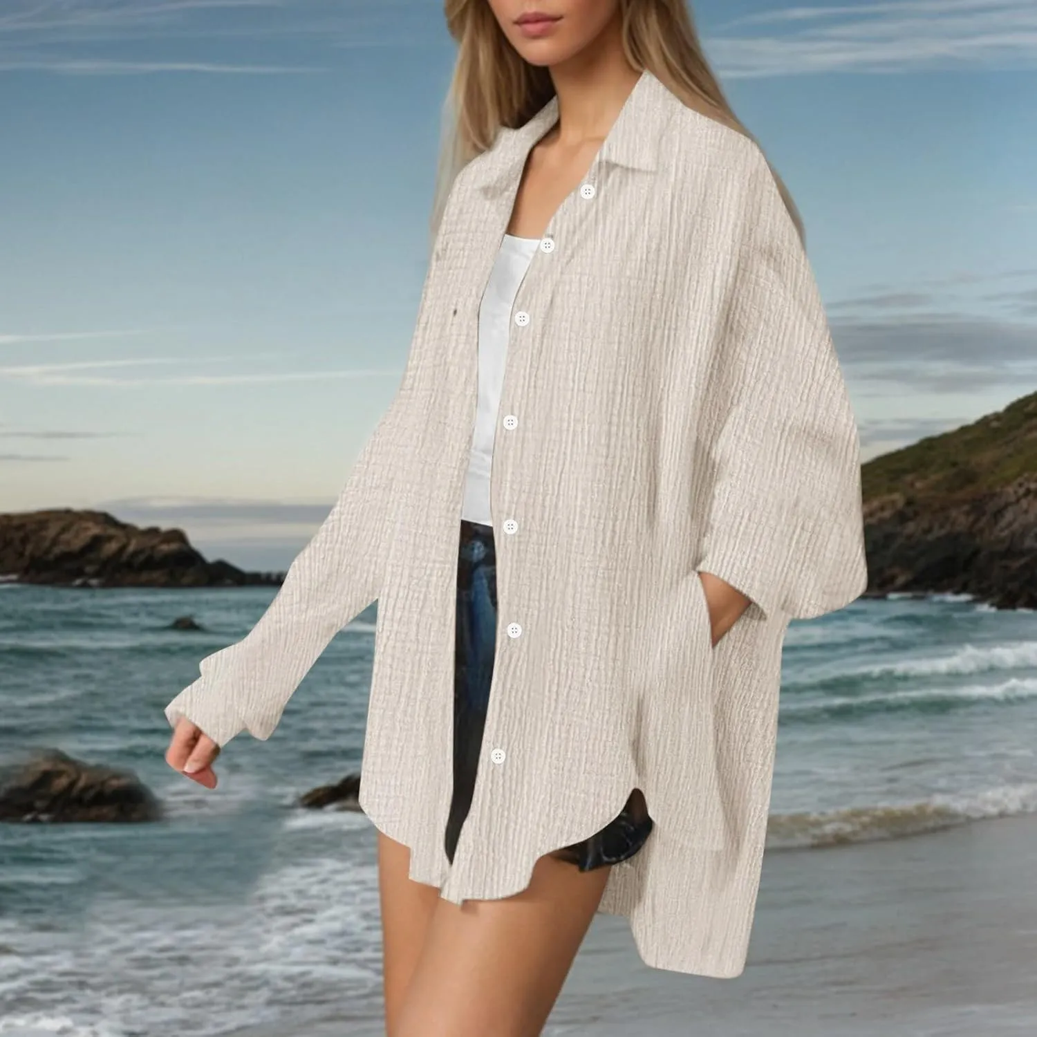 Womens Casual Fashion Solid Color Shirt Loose Fit Breathable Oversized Blouse