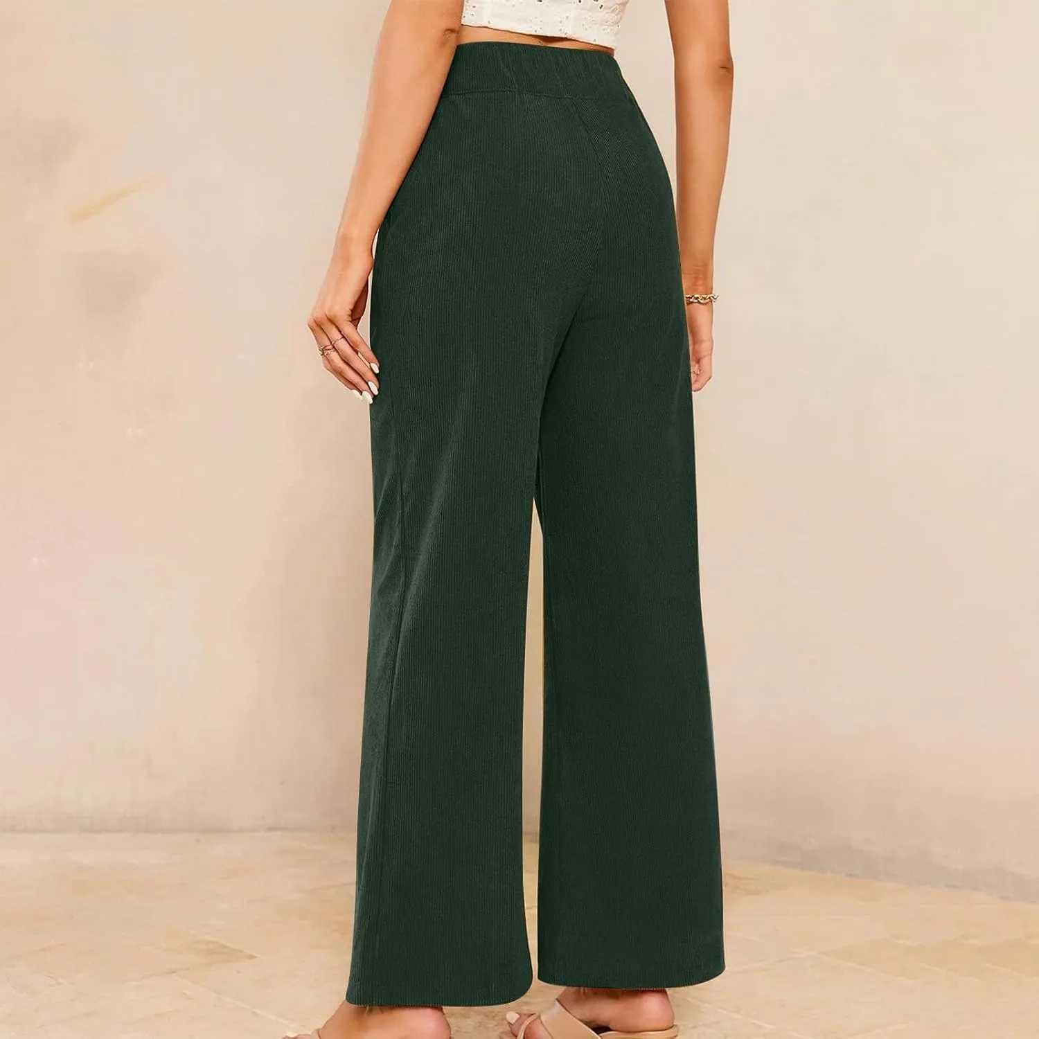 Womens Corduroy Pants High Waisted Double Buttoned Stretchy Straight Wide Leg Pants Loose Trousers with Pockets
