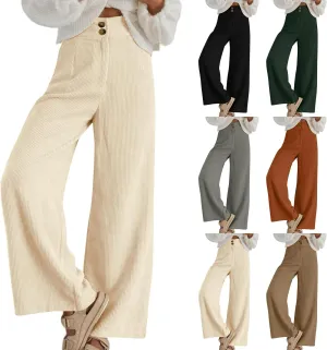 Womens Corduroy Pants High Waisted Double Buttoned Stretchy Straight Wide Leg Pants Loose Trousers with Pockets
