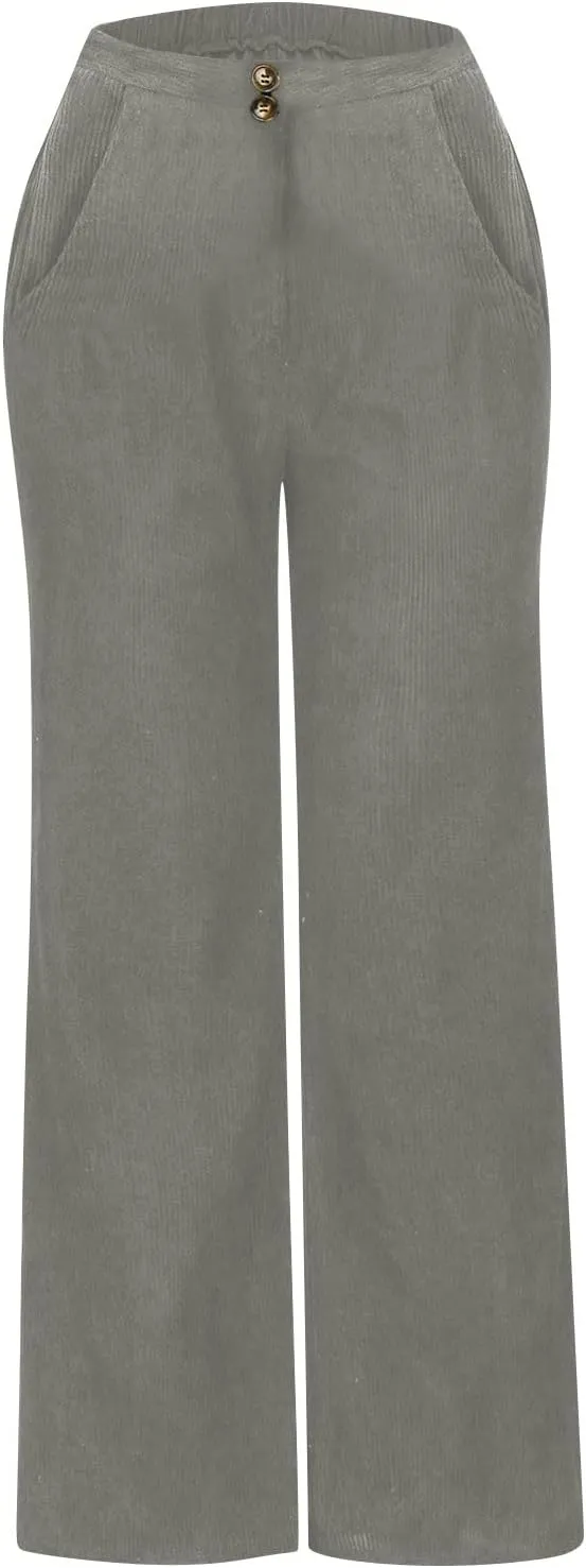 Womens Corduroy Pants High Waisted Double Buttoned Stretchy Straight Wide Leg Pants Loose Trousers with Pockets