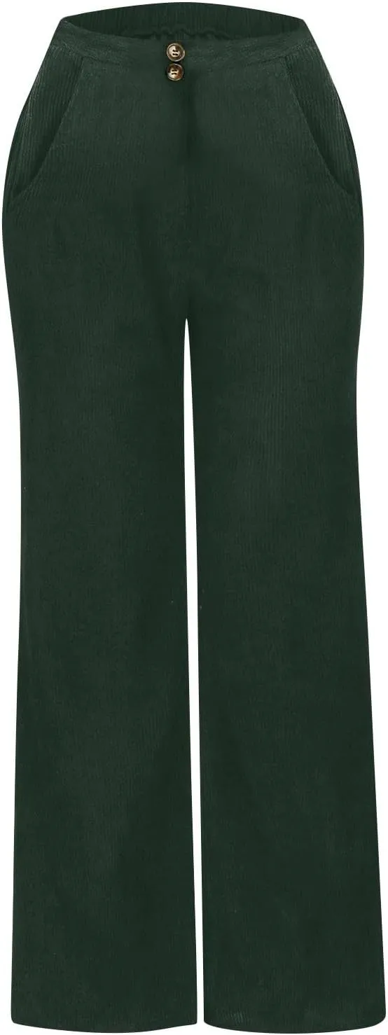 Womens Corduroy Pants High Waisted Double Buttoned Stretchy Straight Wide Leg Pants Loose Trousers with Pockets
