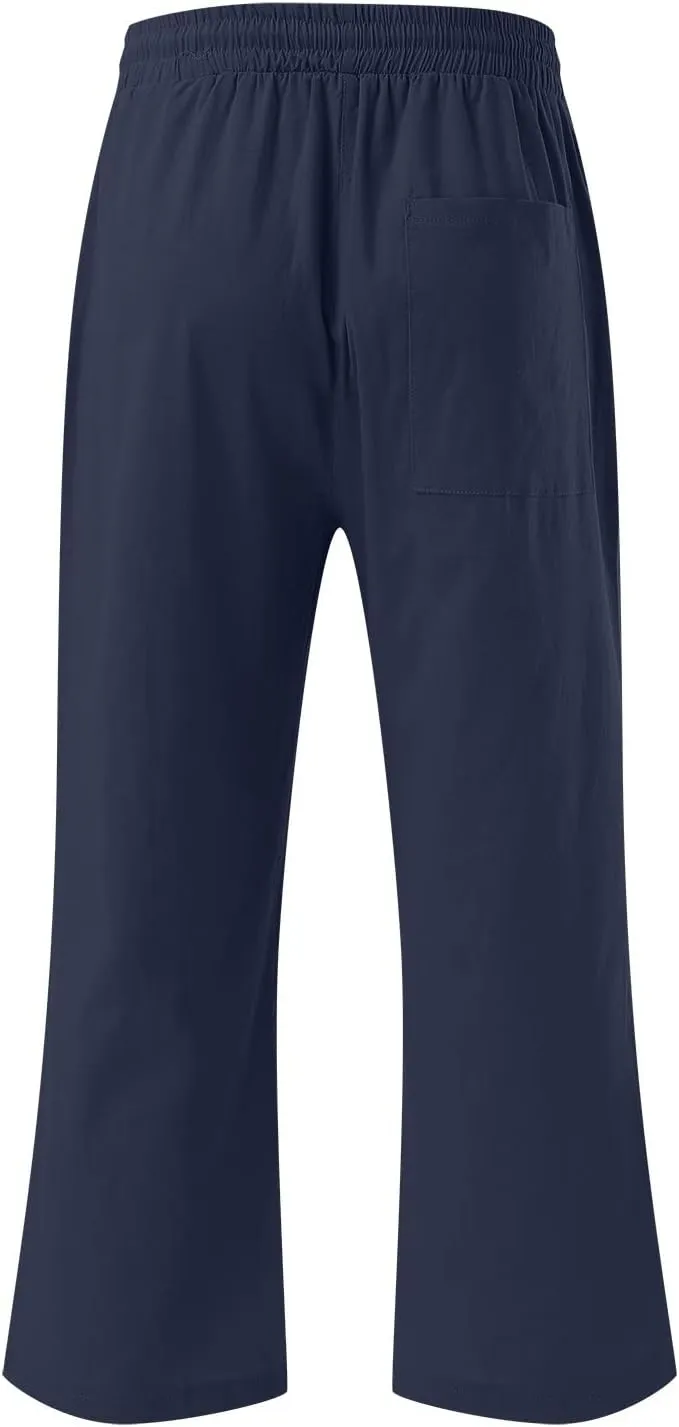 Women's Cotton Linen Capri Pant Loose Elastic Straight Leg Summer Beach Pants with Pockets