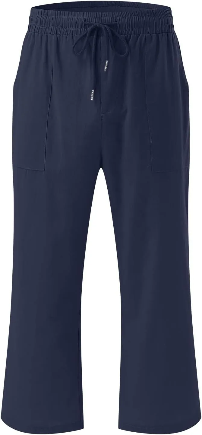 Women's Cotton Linen Capri Pant Loose Elastic Straight Leg Summer Beach Pants with Pockets