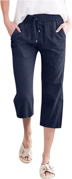 Women's Cotton Linen Capri Pant Loose Elastic Straight Leg Summer Beach Pants with Pockets