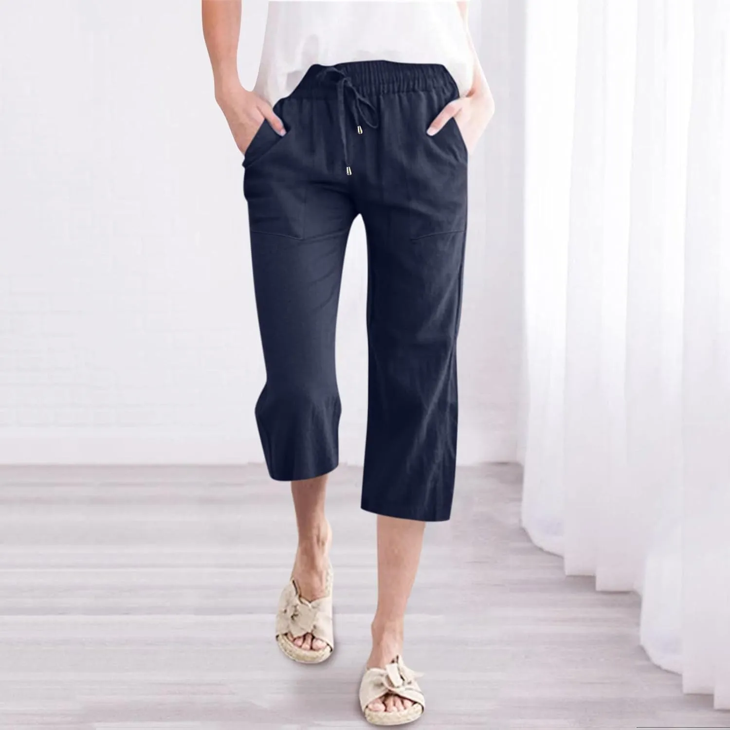 Women's Cotton Linen Capri Pant Loose Elastic Straight Leg Summer Beach Pants with Pockets