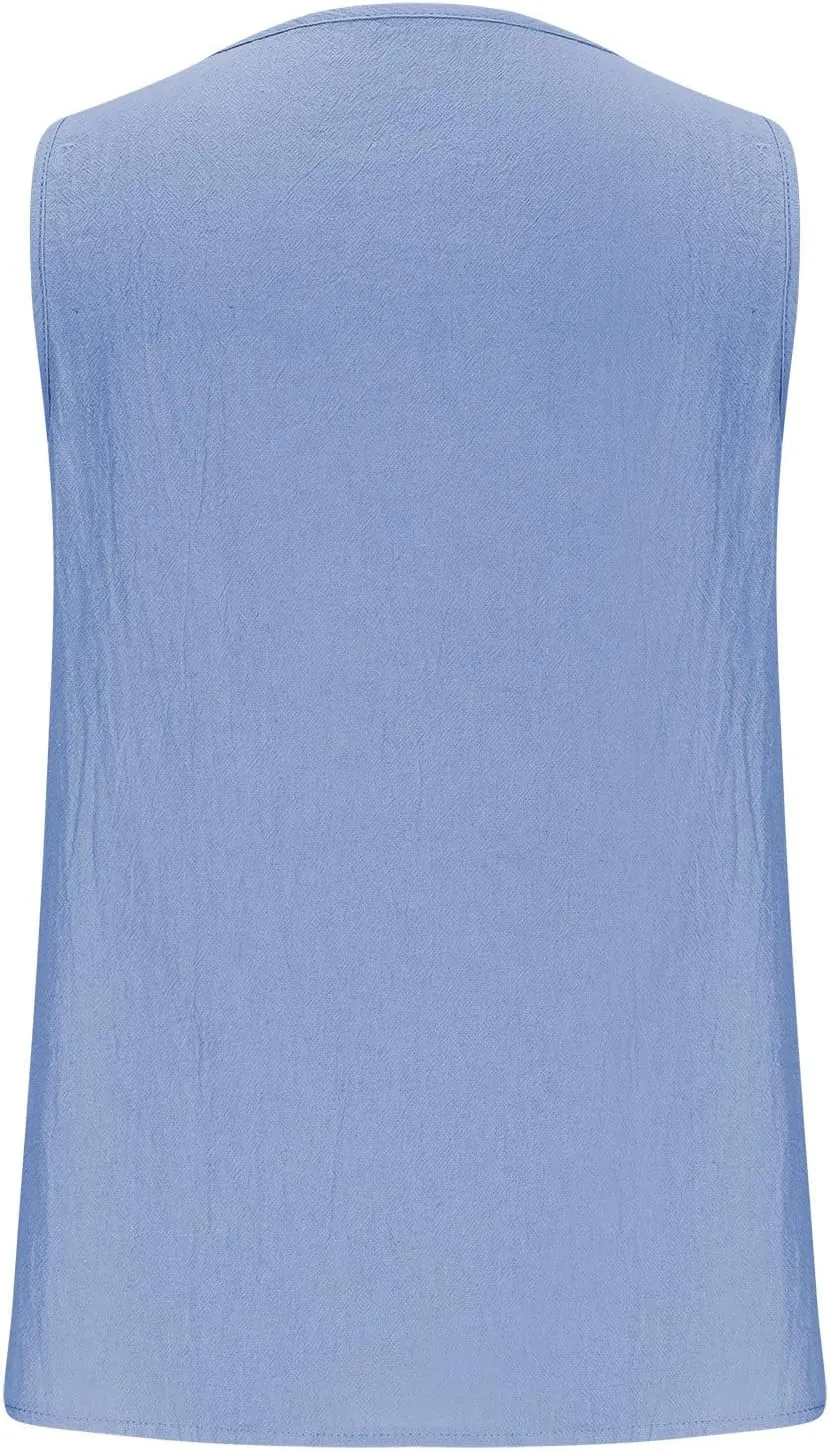 Women's Cotton Linen Tank Tops Hollow Out V Neck Sleeveless Solid Color Shirts Blouses Summer Casual Loose Tops