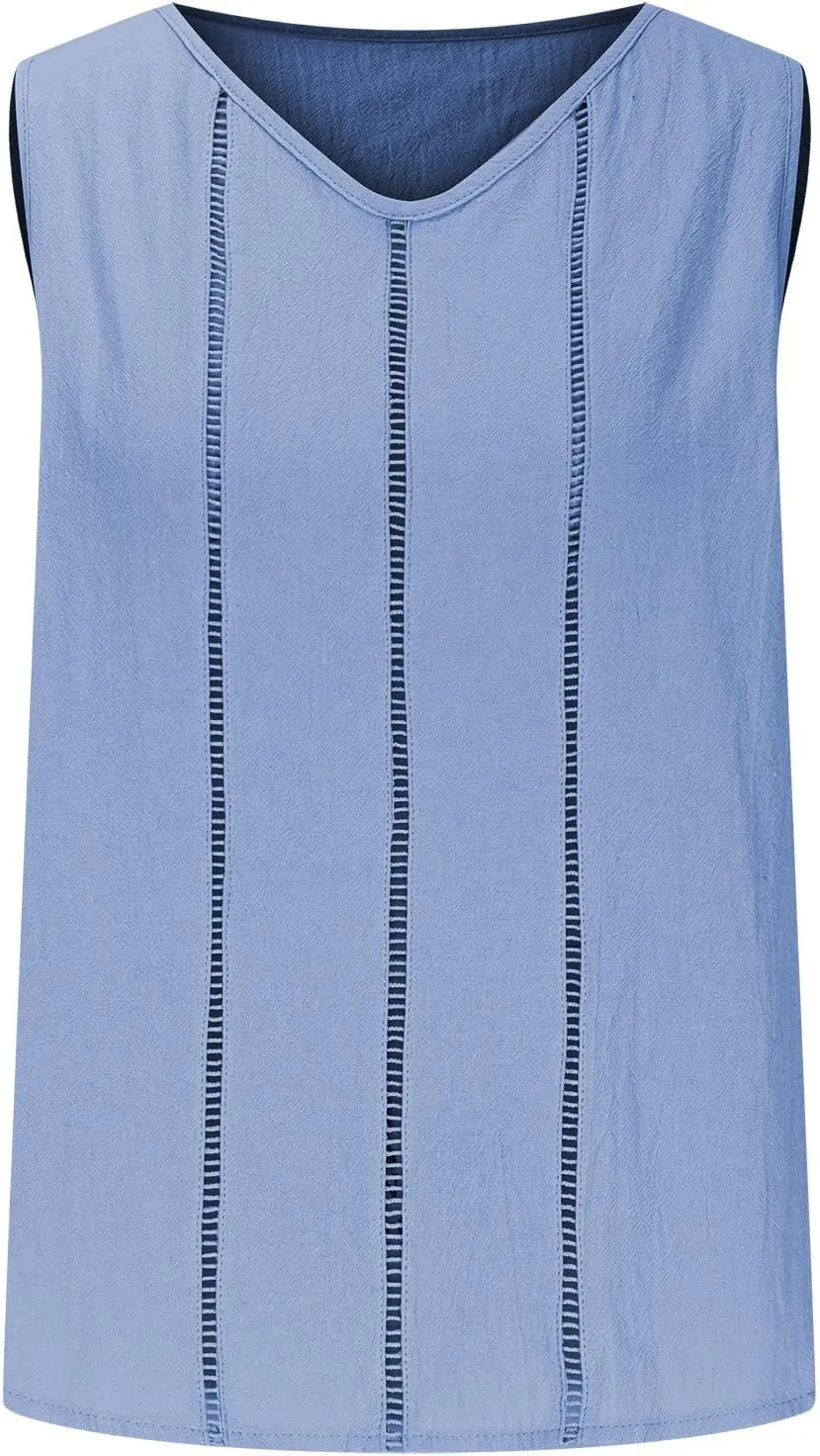 Women's Cotton Linen Tank Tops Hollow Out V Neck Sleeveless Solid Color Shirts Blouses Summer Casual Loose Tops
