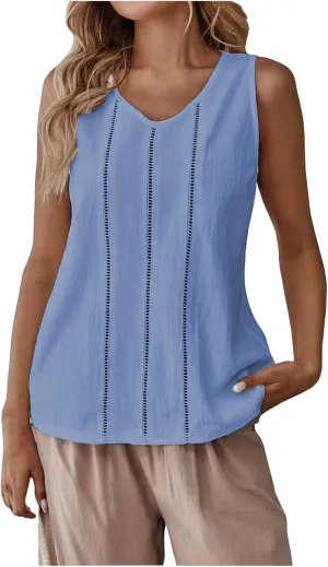 Women's Cotton Linen Tank Tops Hollow Out V Neck Sleeveless Solid Color Shirts Blouses Summer Casual Loose Tops