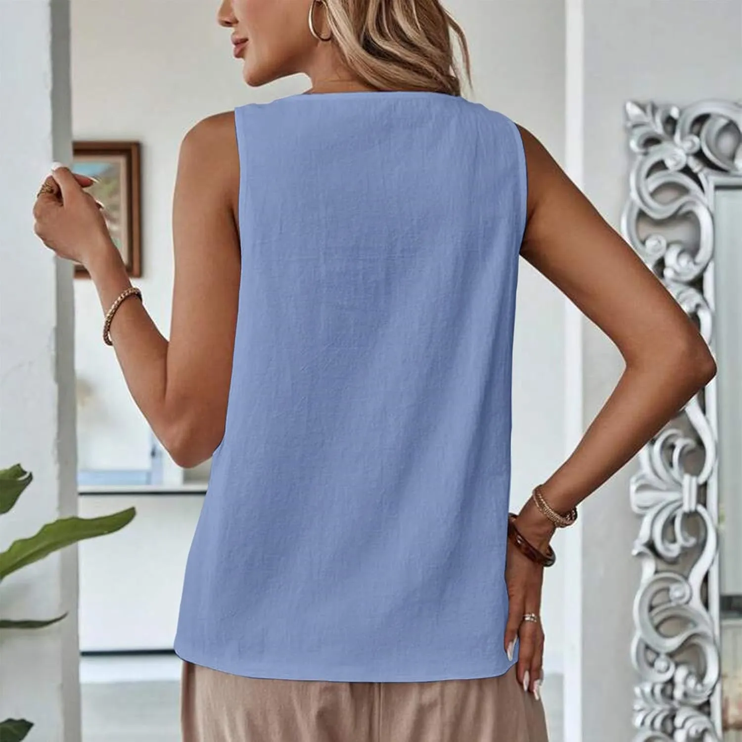 Women's Cotton Linen Tank Tops Hollow Out V Neck Sleeveless Solid Color Shirts Blouses Summer Casual Loose Tops