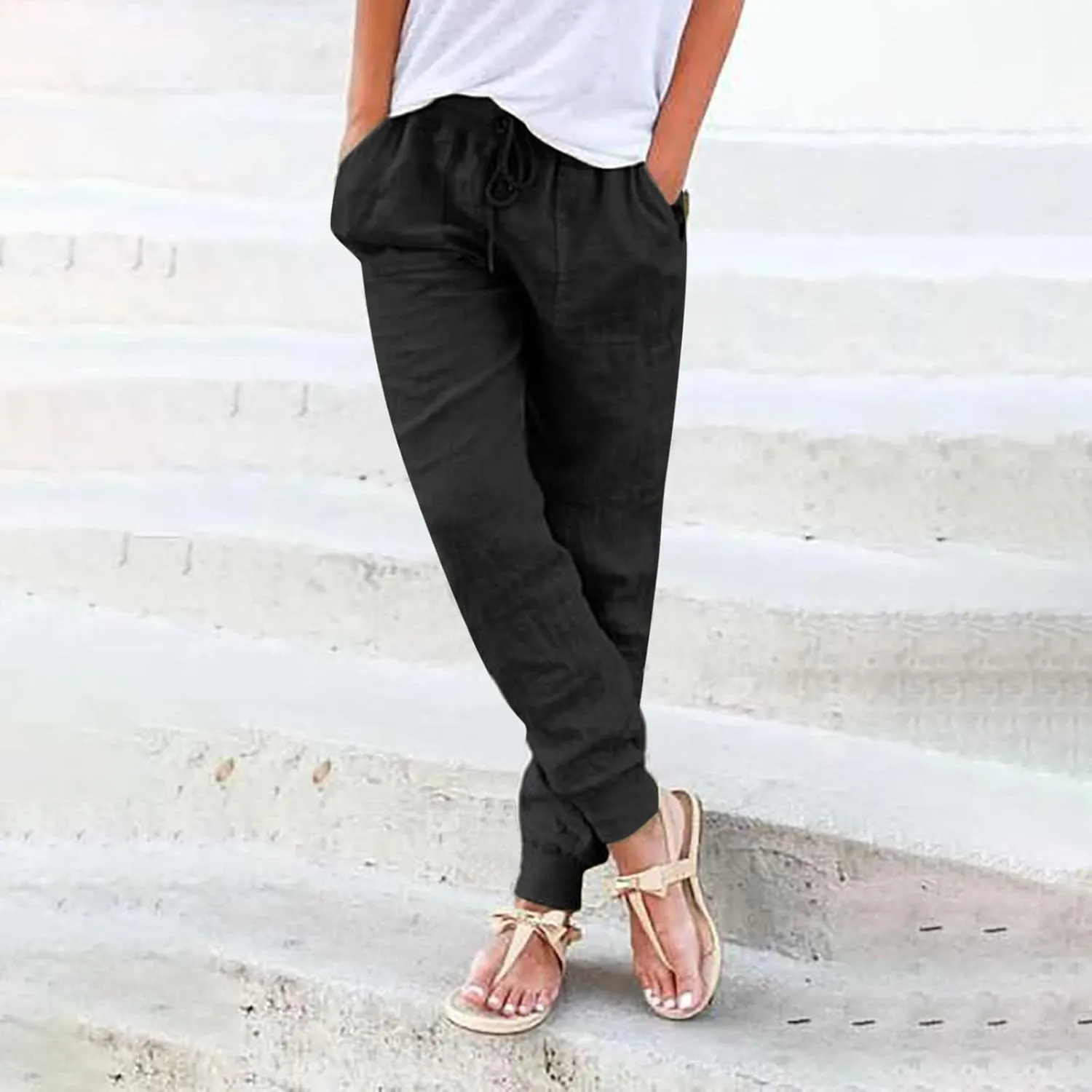 Womens Cotton Linen Tapered Pants Summer Drawstring Elastic Waist Pants Casual Trousers with Pockets