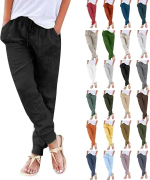 Womens Cotton Linen Tapered Pants Summer Drawstring Elastic Waist Pants Casual Trousers with Pockets