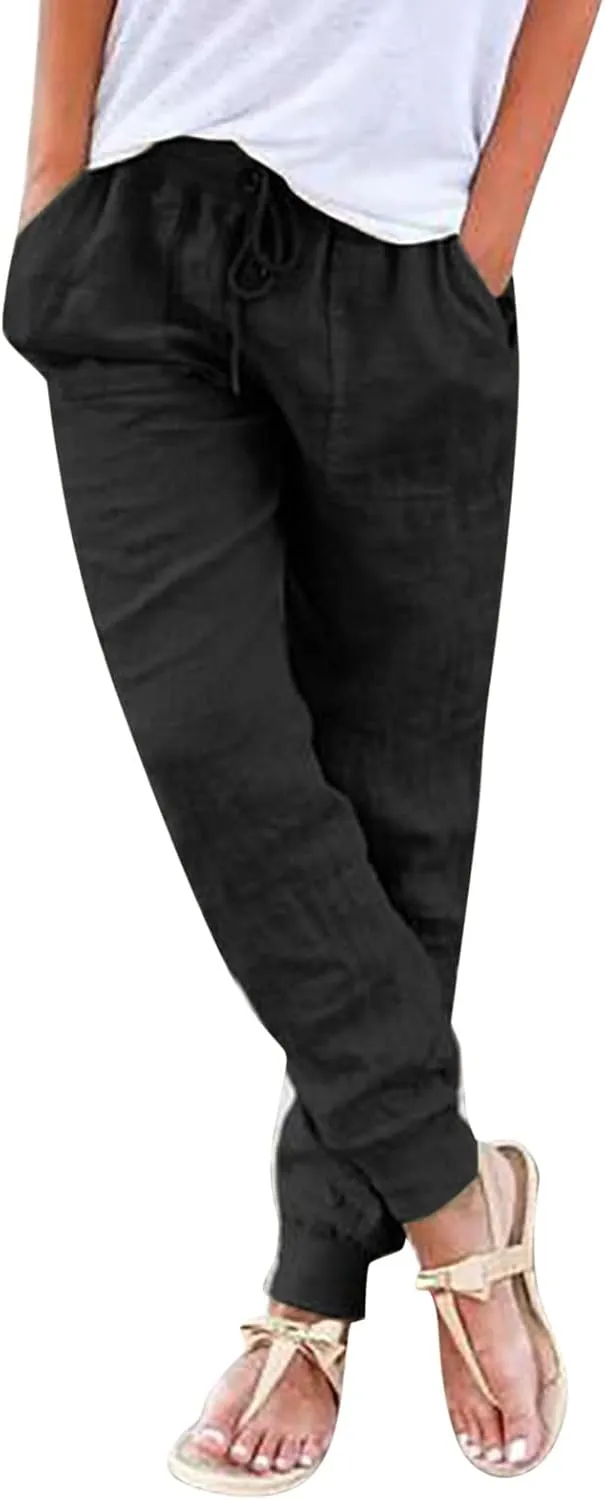 Womens Cotton Linen Tapered Pants Summer Drawstring Elastic Waist Pants Casual Trousers with Pockets