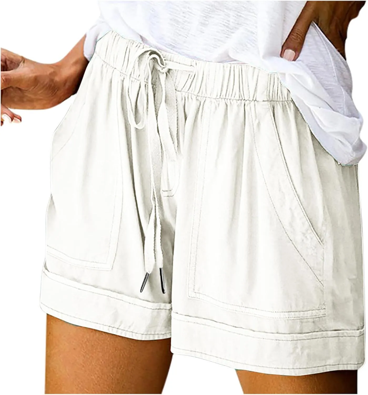 Womens Drawstring Shorts Summer Elastic Waist Casual Lightweight Pants with Pocket Solid Color Workout Trendy Shorts