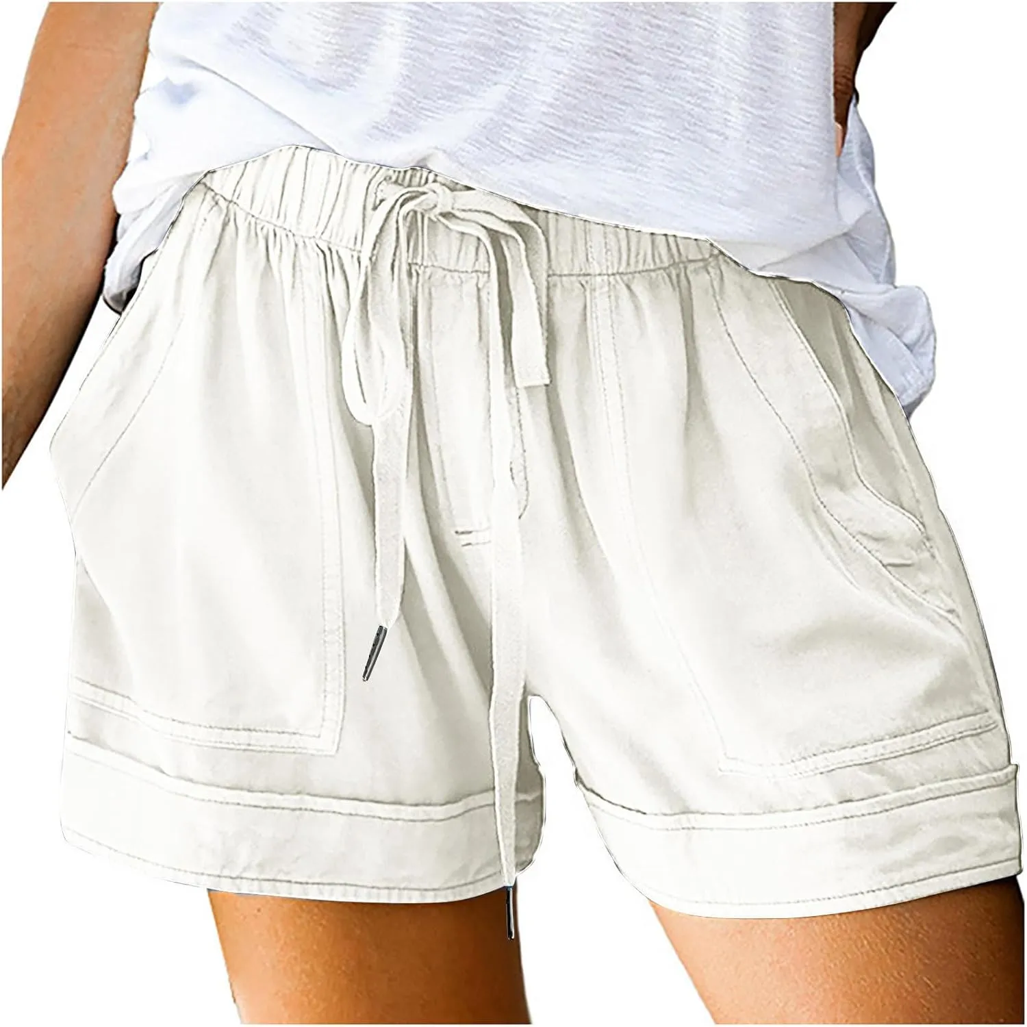 Womens Drawstring Shorts Summer Elastic Waist Casual Lightweight Pants with Pocket Solid Color Workout Trendy Shorts