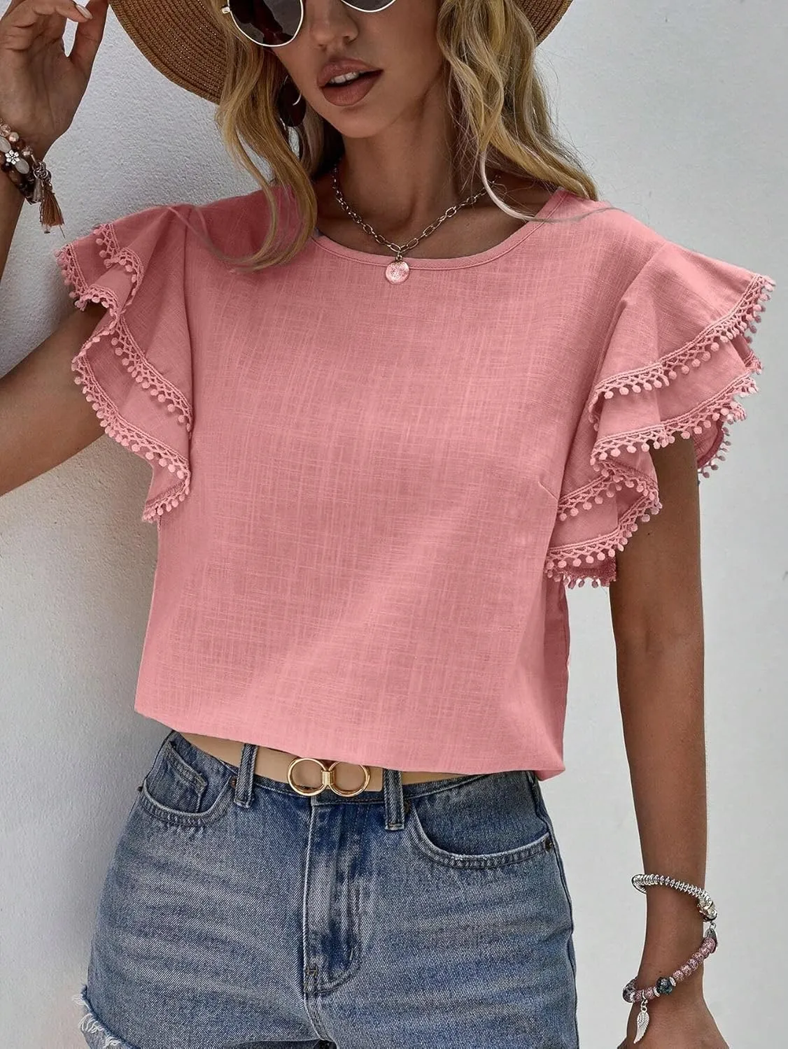 Women's Dressy Casual Tops Business Work Blouses Linen Shirts Cap Sleeve Crew Neck Tshirt Basic Tees