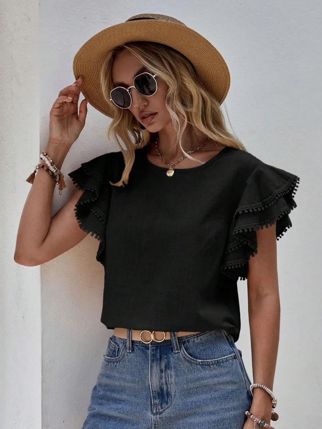 Women's Dressy Casual Tops Business Work Blouses Linen Shirts Cap Sleeve Crew Neck Tshirt Basic Tees
