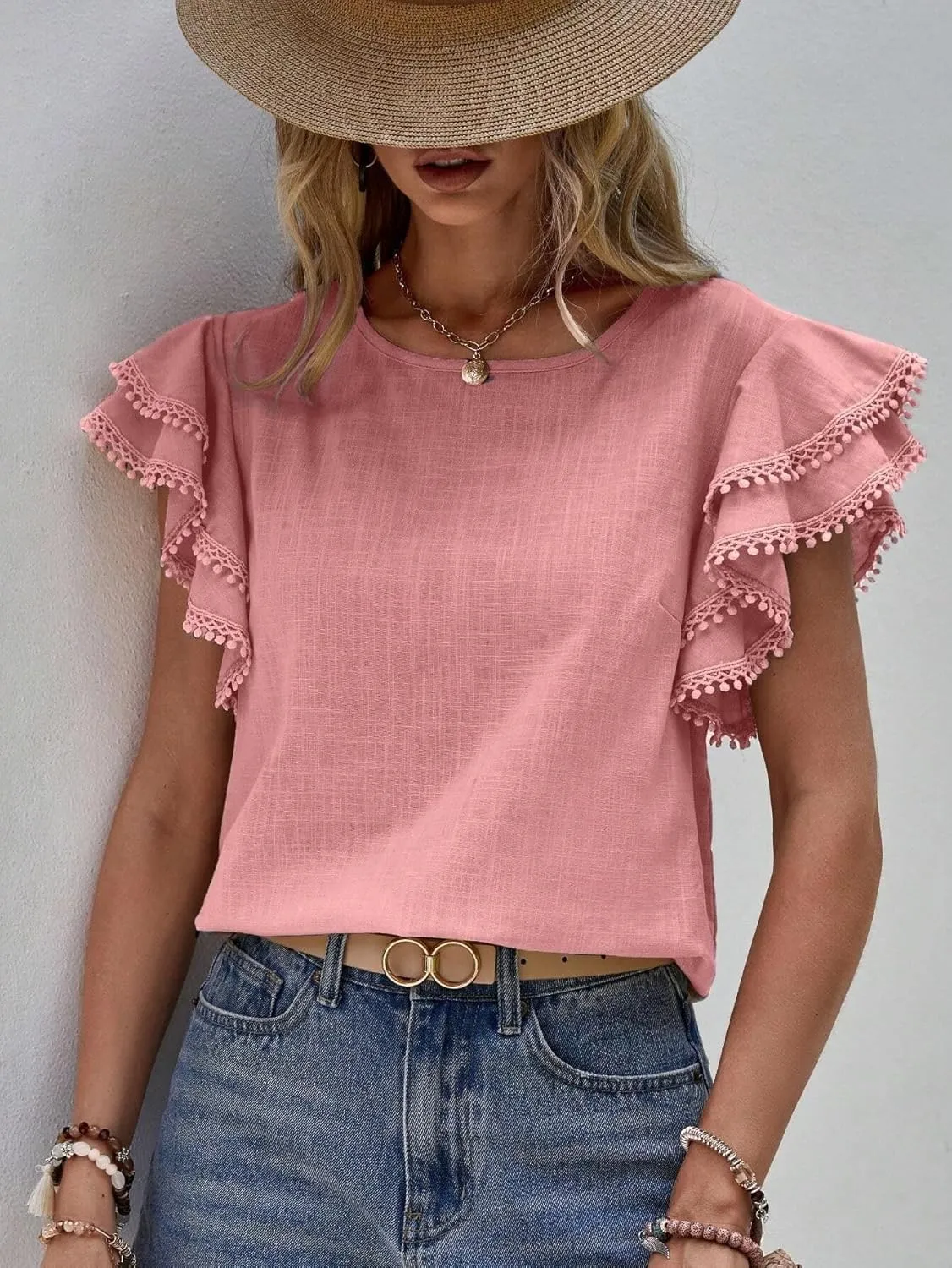 Women's Dressy Casual Tops Business Work Blouses Linen Shirts Cap Sleeve Crew Neck Tshirt Basic Tees