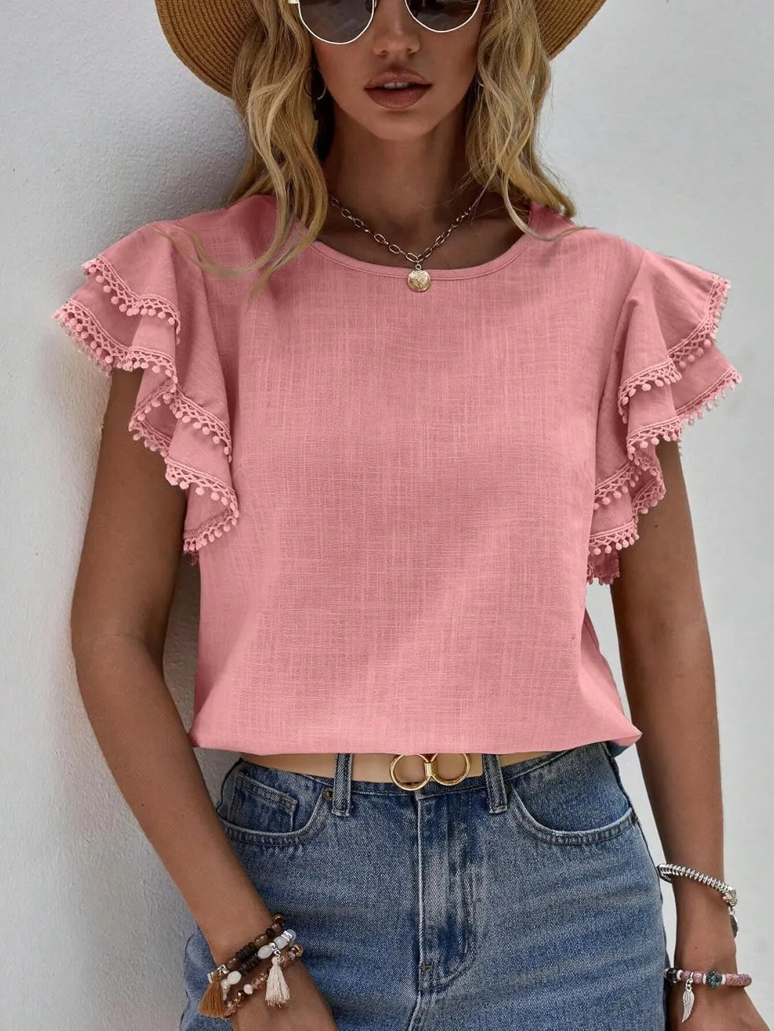 Women's Dressy Casual Tops Business Work Blouses Linen Shirts Cap Sleeve Crew Neck Tshirt Basic Tees