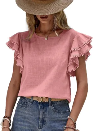 Women's Dressy Casual Tops Business Work Blouses Linen Shirts Cap Sleeve Crew Neck Tshirt Basic Tees