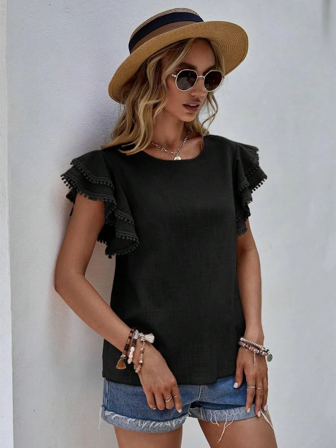 Women's Dressy Casual Tops Business Work Blouses Linen Shirts Cap Sleeve Crew Neck Tshirt Basic Tees