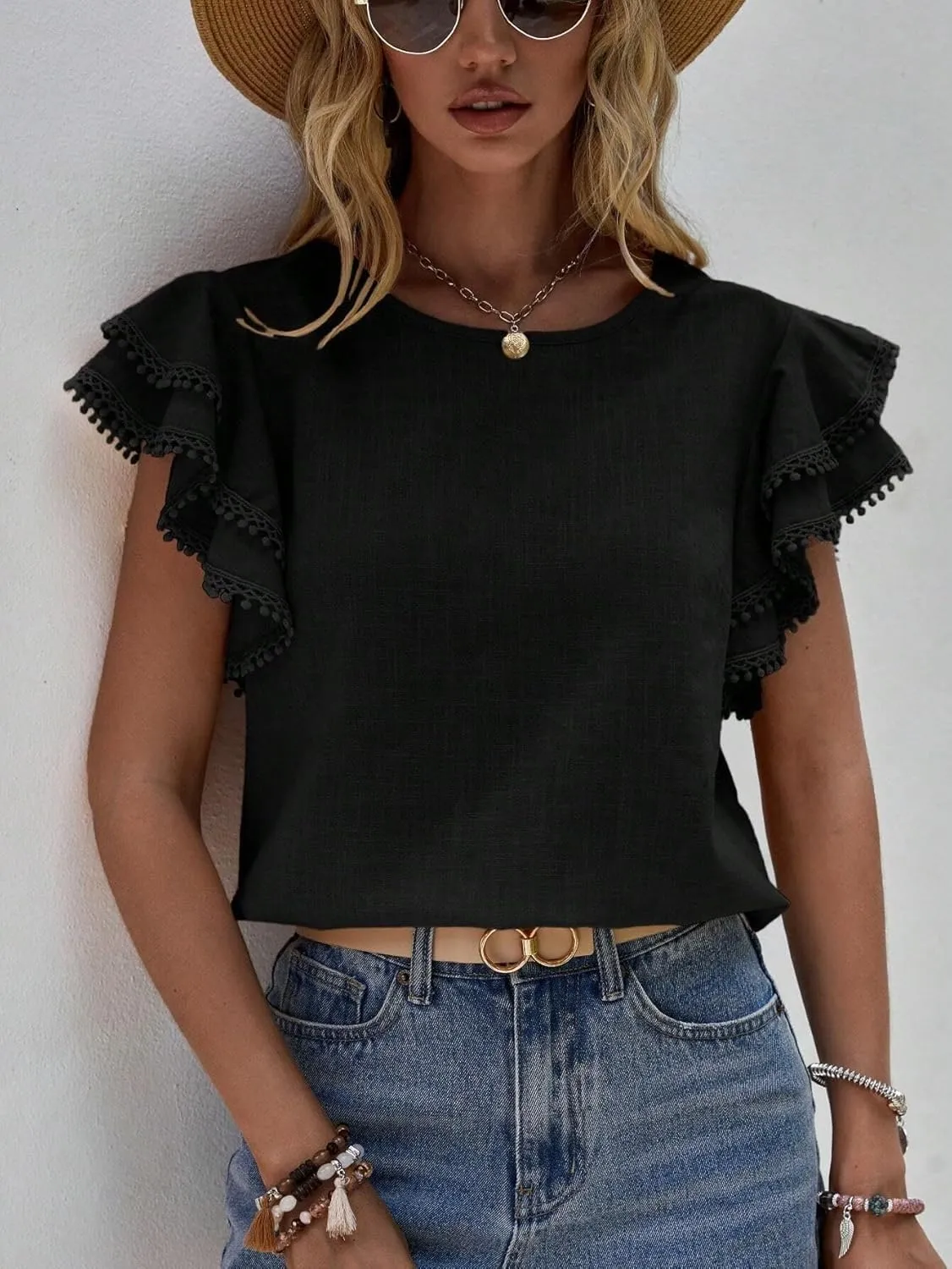 Women's Dressy Casual Tops Business Work Blouses Linen Shirts Cap Sleeve Crew Neck Tshirt Basic Tees