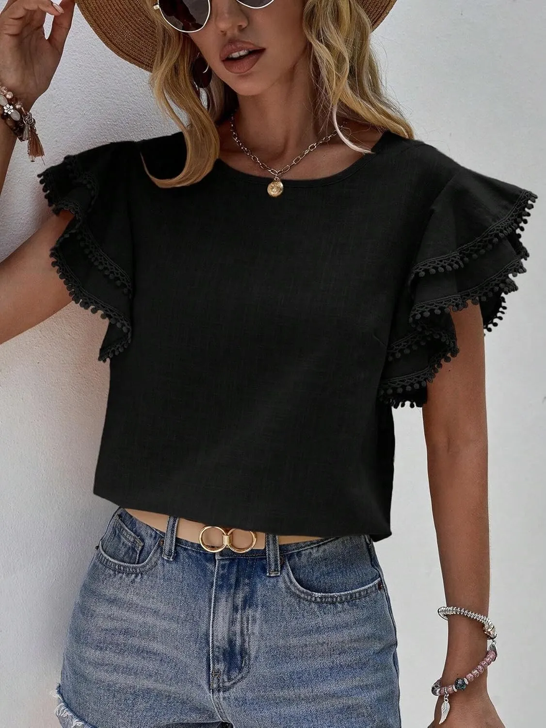 Women's Dressy Casual Tops Business Work Blouses Linen Shirts Cap Sleeve Crew Neck Tshirt Basic Tees