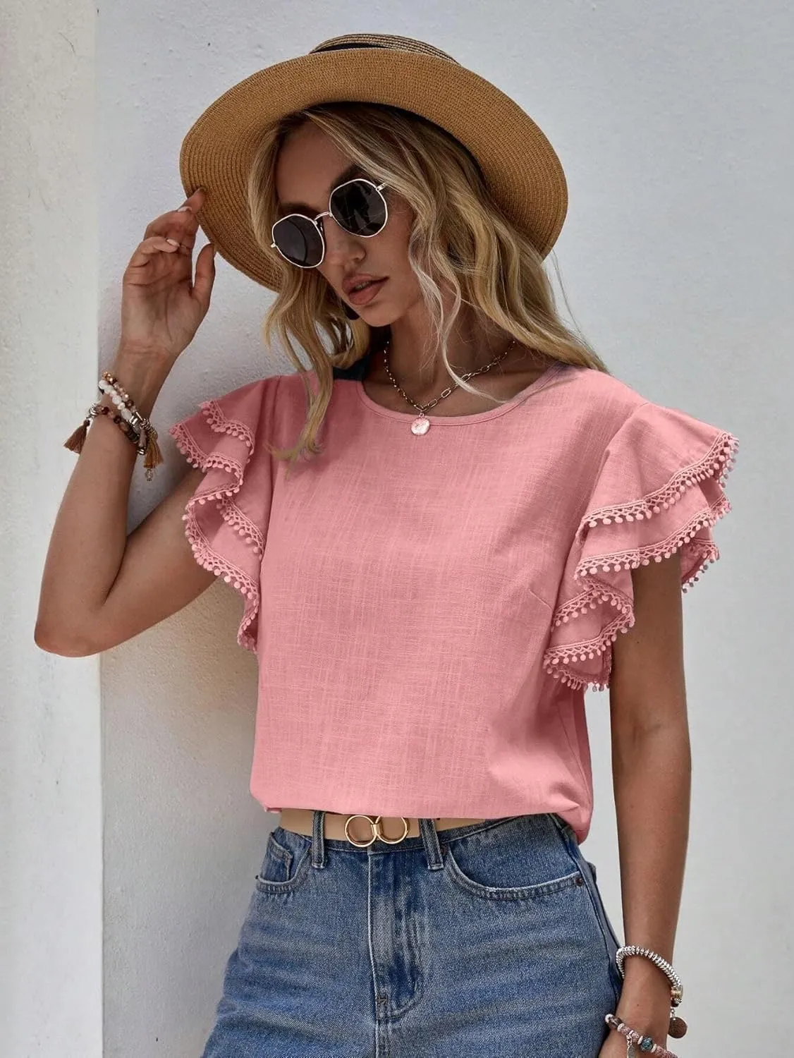 Women's Dressy Casual Tops Business Work Blouses Linen Shirts Cap Sleeve Crew Neck Tshirt Basic Tees