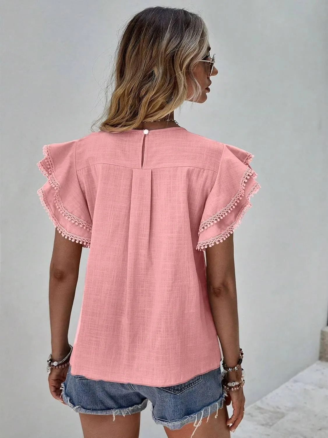 Women's Dressy Casual Tops Business Work Blouses Linen Shirts Cap Sleeve Crew Neck Tshirt Basic Tees